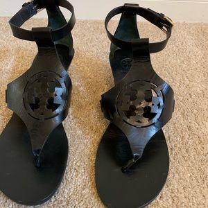 Black leather Tory Burch wedge sandal size 9